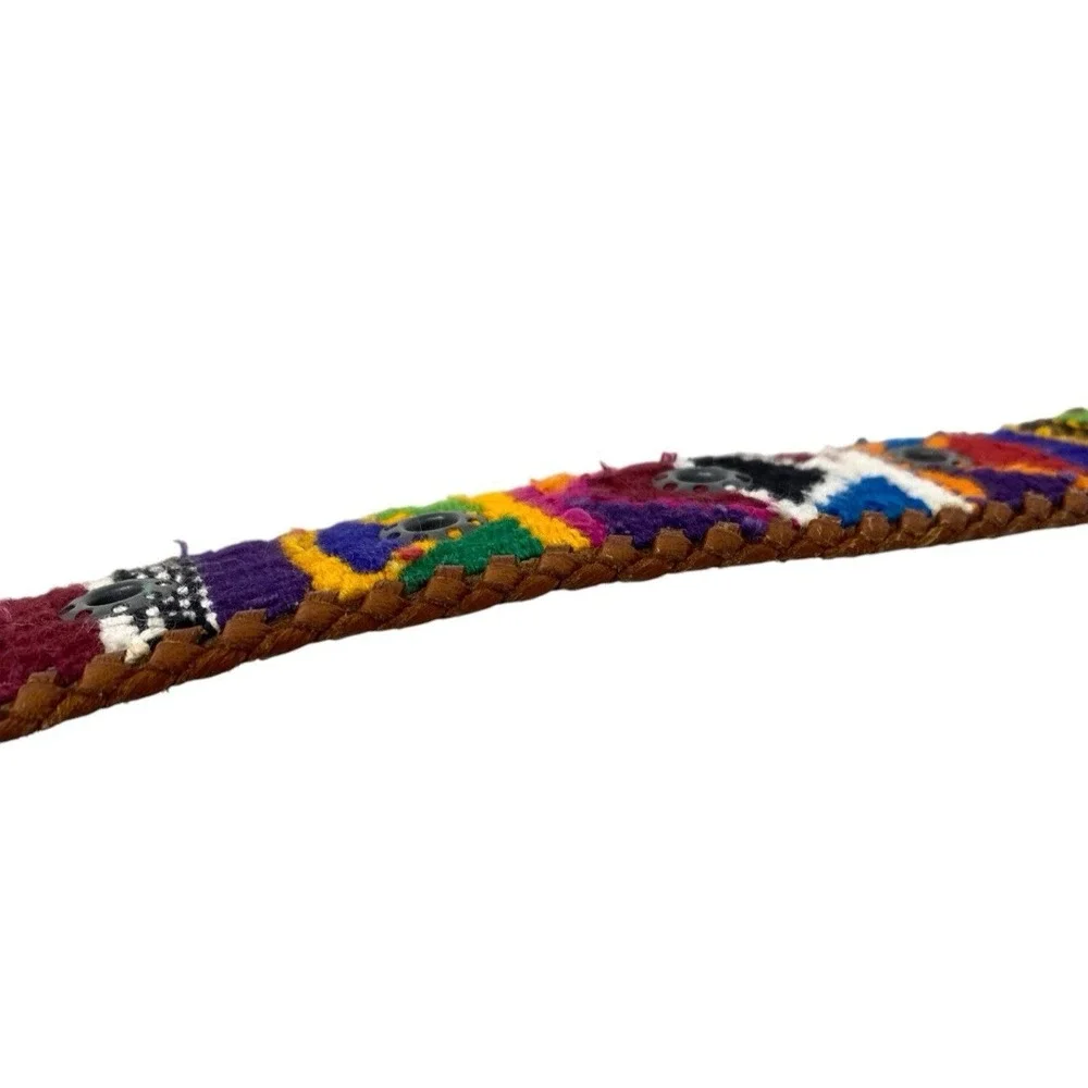 Vibrant Multicolor South Western Aztec Baja Style Belt Woven Leather Trim Sz 30